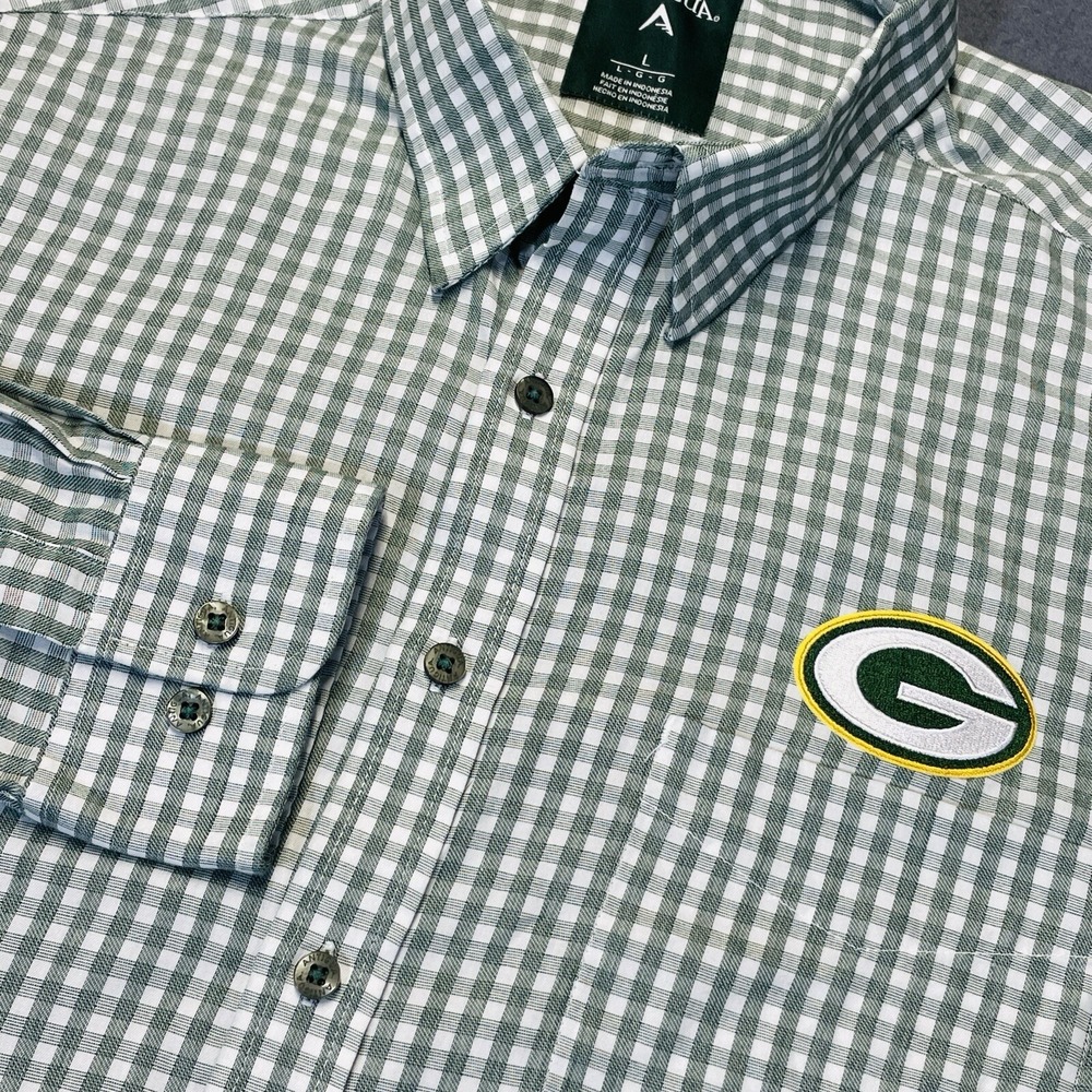 Green Bay Packers Large Long Sleeve Button Down Green Check Shirt NFL Antigua